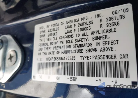 2009 Honda Accord 2.4 Ex-L z USA, uszkodzony, nr VIN 1HGCP26899A165345